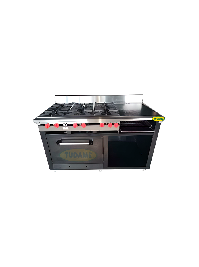 Cocina 6 hornillas hondas, plancha, gratinador y horno en acero inox + galv pint