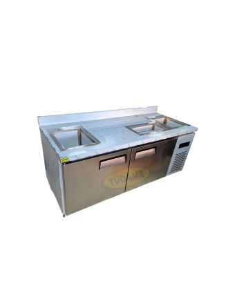 Mesa refrigerada 2 puertas 1.80m depósito de hielo y doble fregadero