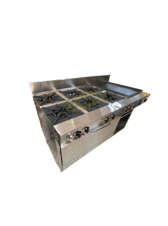 Cocina a gas 6 hornillas, plan,horno y grati en acero inox