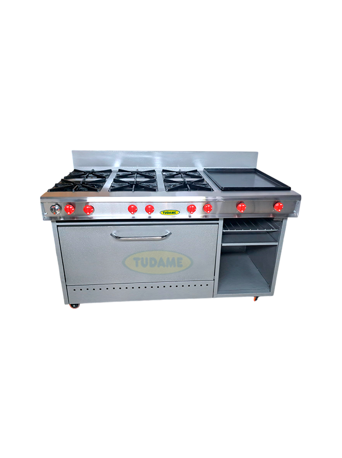Cocina 6 hornilla, plancha, gratinador y horno tope en acero y pintado NUEVO MODELO REFORZADO
